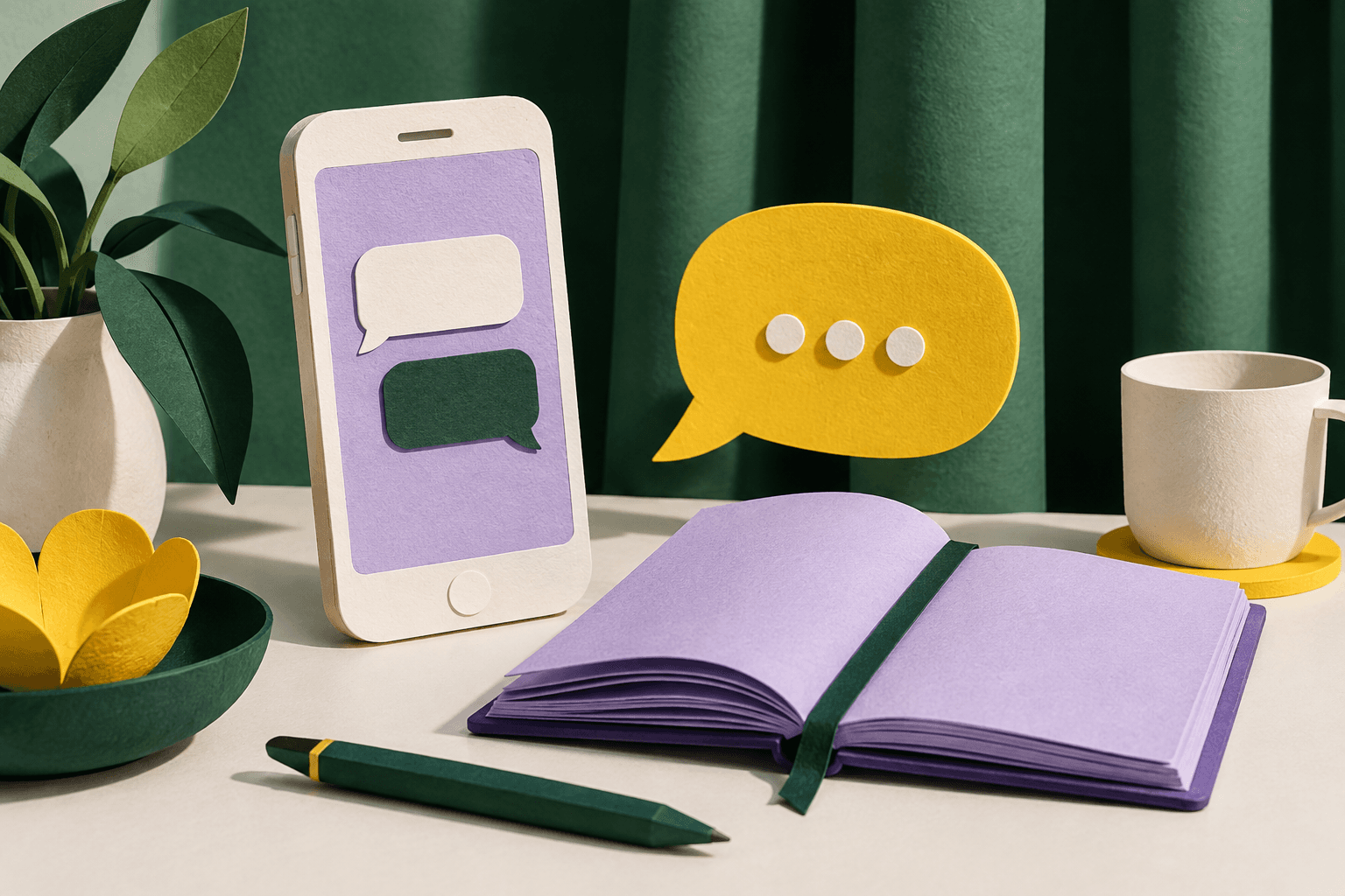 Blank paper smartphone next to a notebook and yellow dialogue bubble