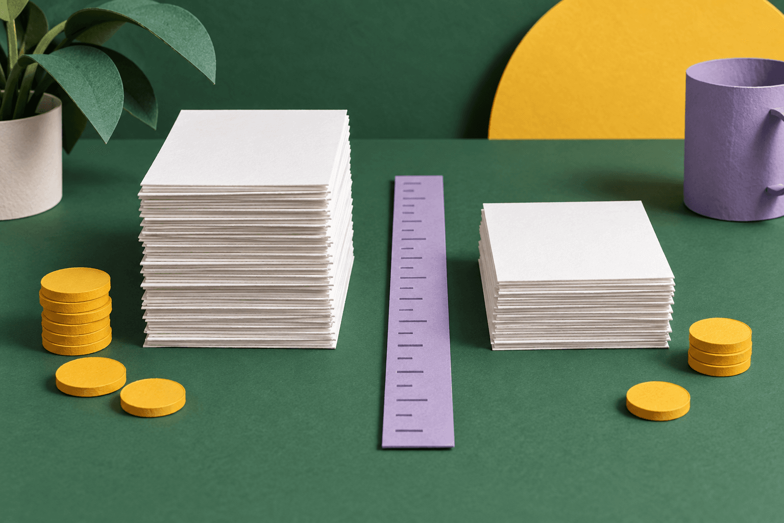 Two stacks of blank paper cards separated by counting tokens and a lavender ruler