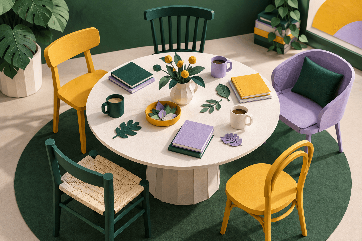 Paper-sculpture round table with five empty colorful chairs, books and mugs