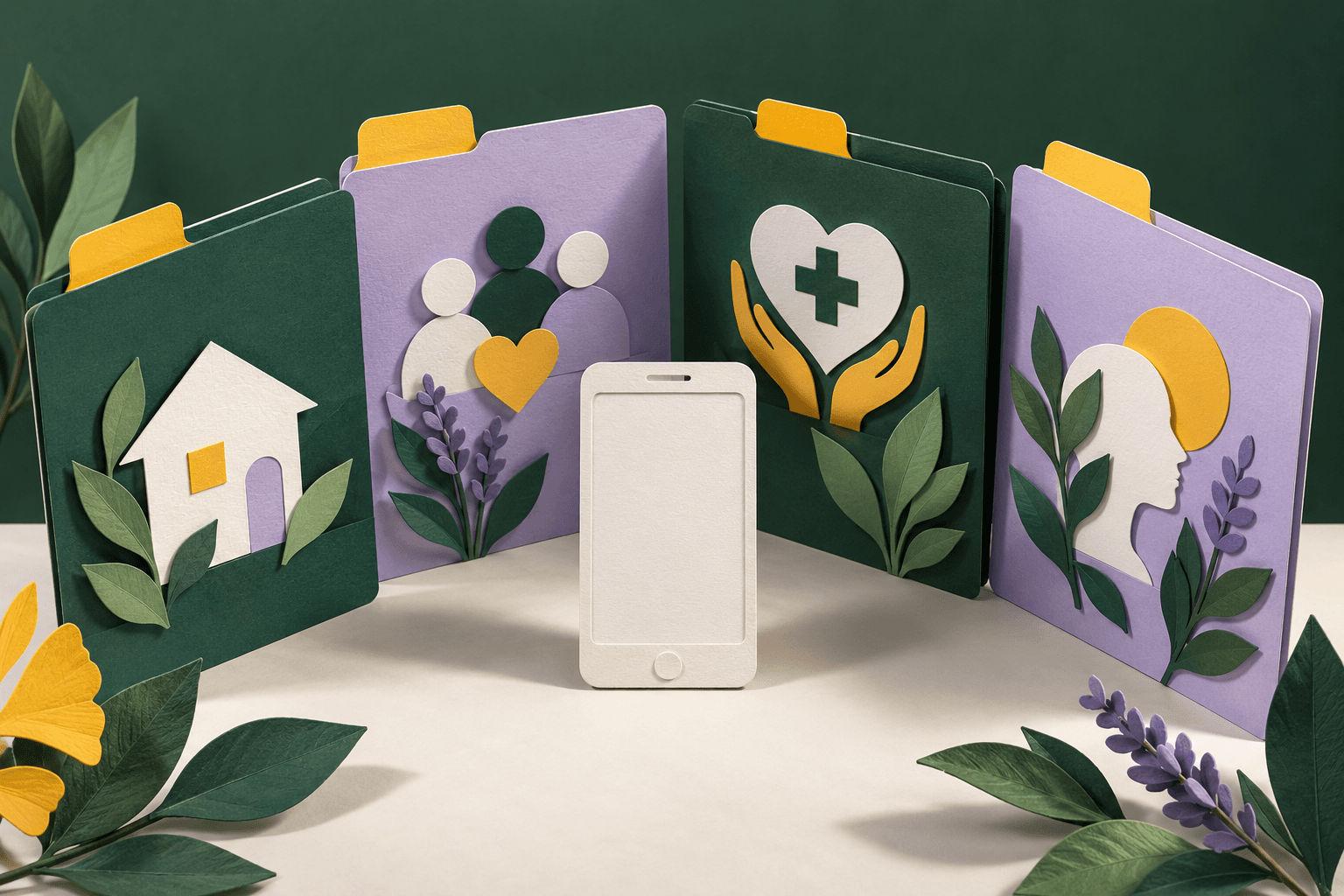Green and lavender paper folders opening around a blank paper smartphone