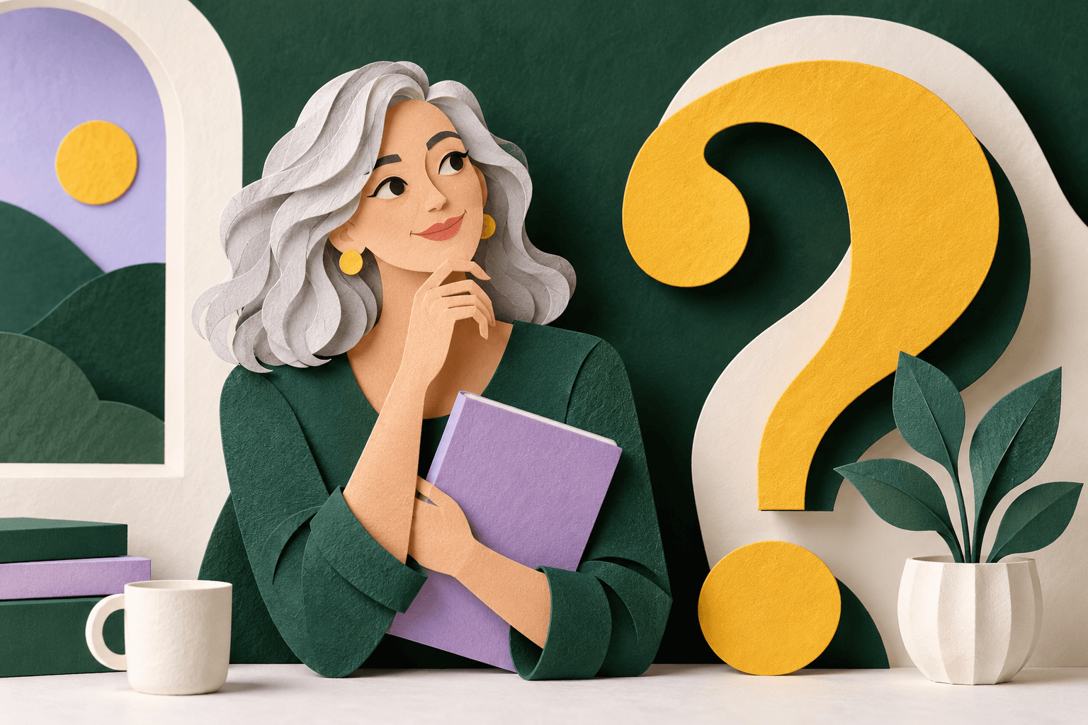 Silver-haired paper figure holding a lavender notebook next to a question-mark sculpture