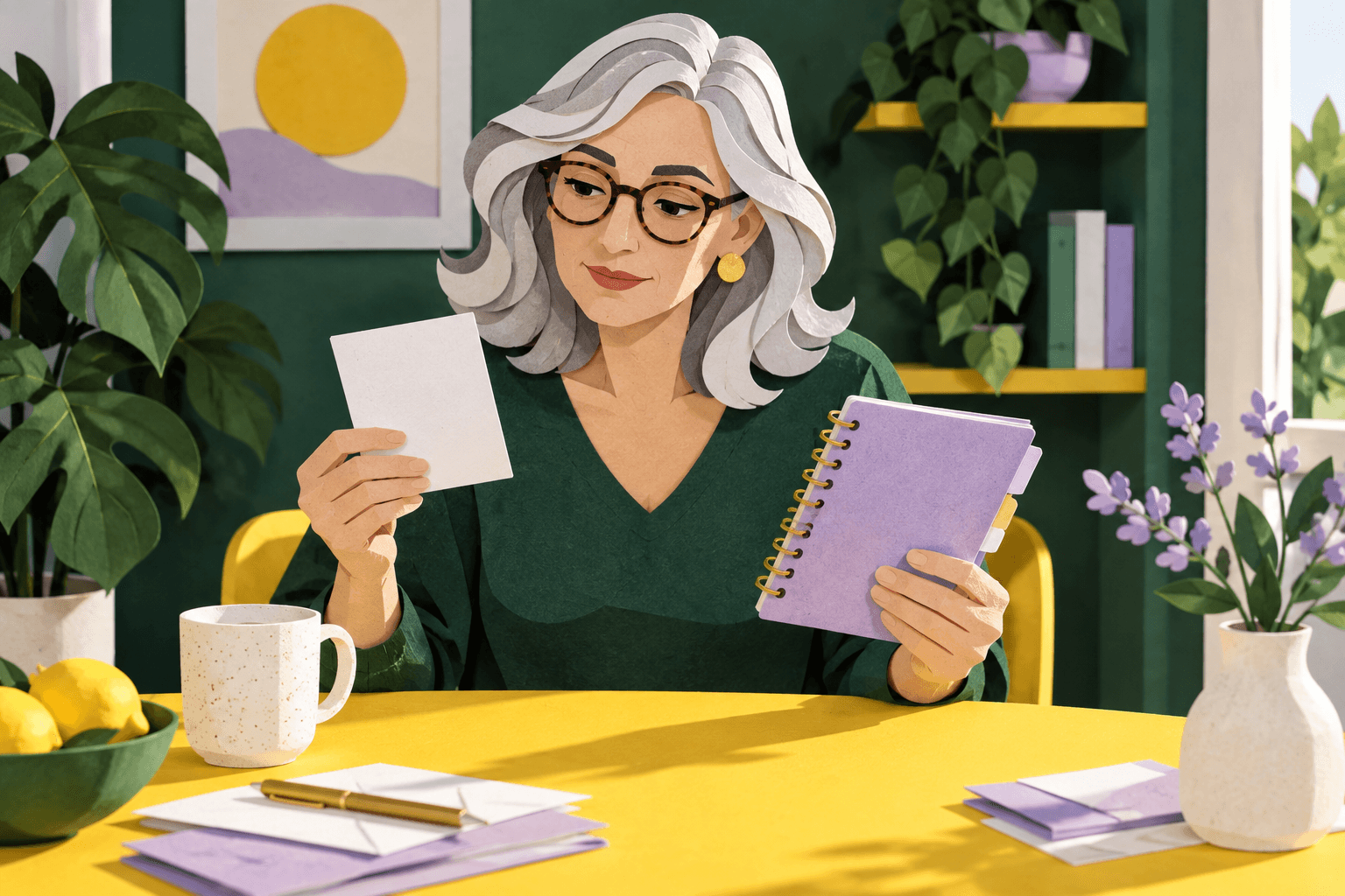 Paper woman comparing a blank card and lavender appointment notebook