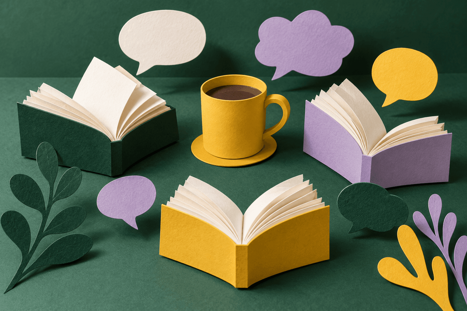 Cut-paper books and blank conversation bubbles arranged around a yellow mug