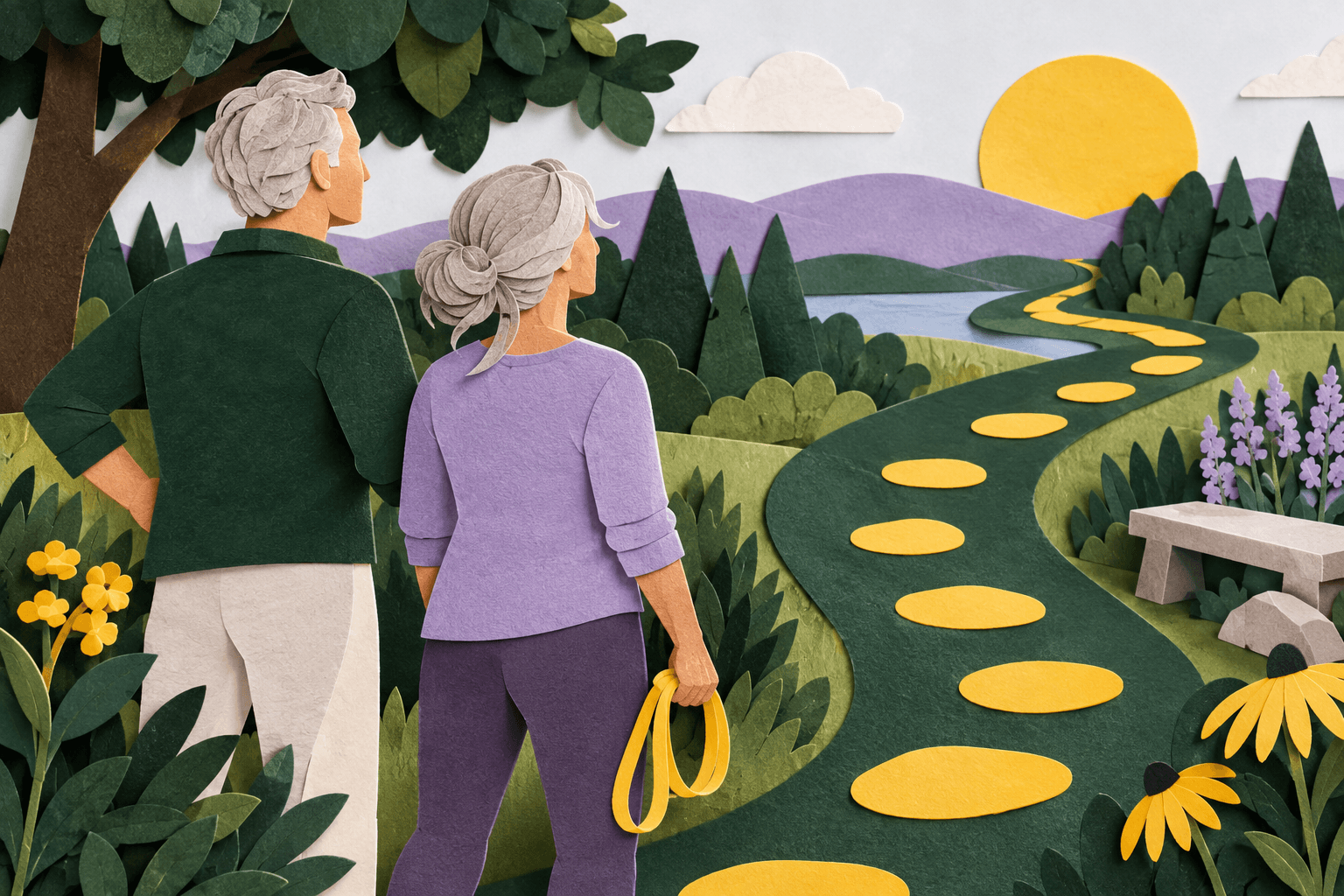 Two silver-haired paper figures beside green paths and yellow stepping stones